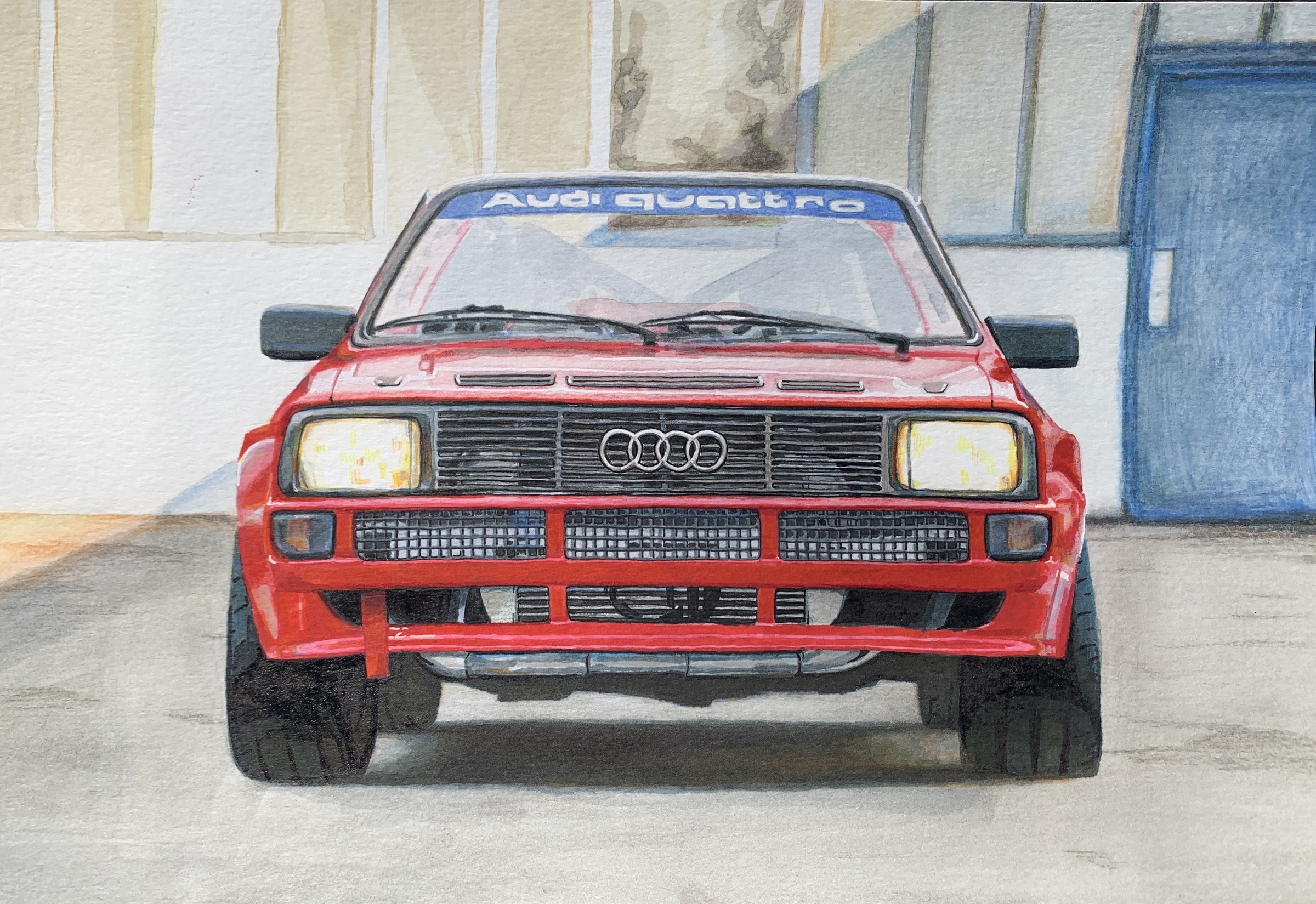 Mixed media-værk af en rød Audi Quattro på akvarelpapir
