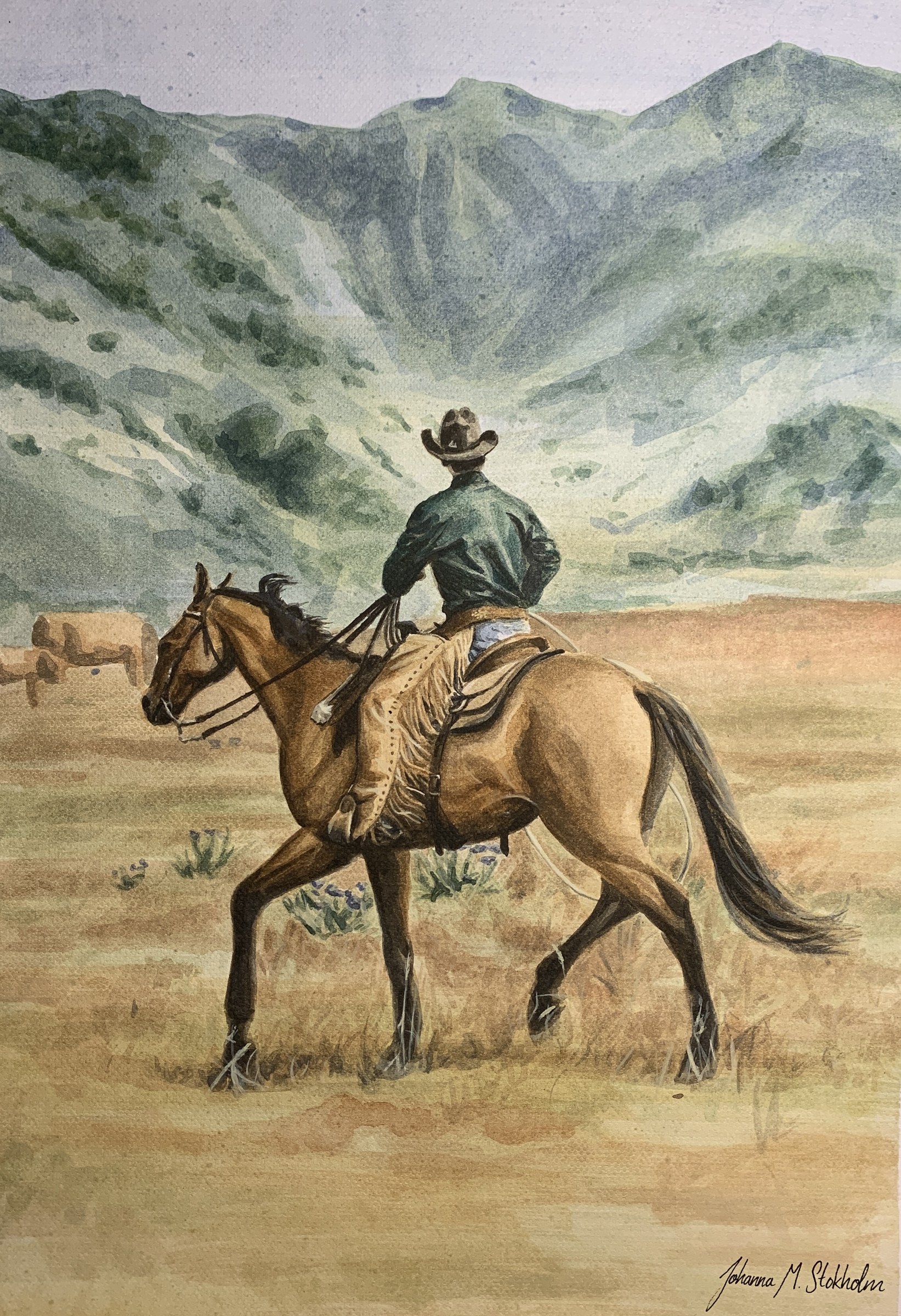 Akvarel og mixed media på papir af rytter og hest i bjerglandskab